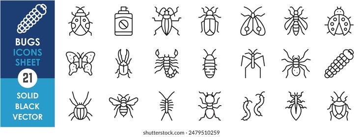 A set of line icons related to bugs and insects. Bugs, spider, butterfly, moths, beetle, scorpion, ladybug, leaf insect, ant and so on. Vector outline icons set.