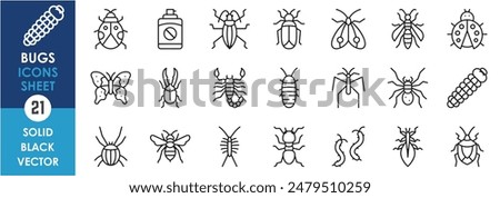 A set of line icons related to bugs and insects. Bugs, spider, butterfly, moths, beetle, scorpion, ladybug, leaf insect, ant and so on. Vector outline icons set.