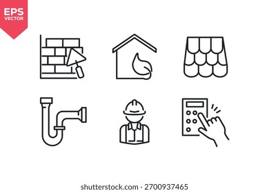 Conjunto de iconos de línea relacionados con constructor, plomería, pared de ladrillo, casa verde, techo. Trazo editable. Ilustración vectorial
