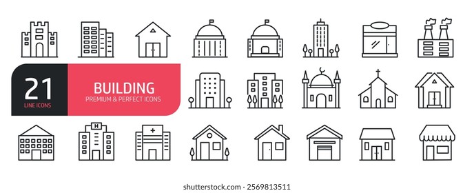 Set of line icons related to building, house, hotel, store, factory. Outline icons collection. Vector illustration.