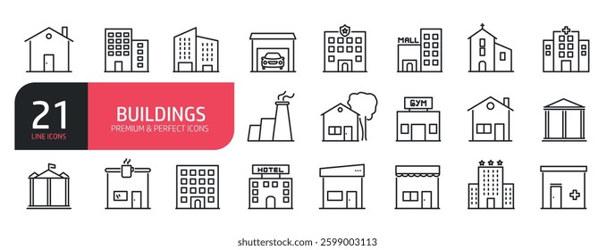 Set of line icons related to building, architecture, skyscraper. Outline icons collection. Vector illustration