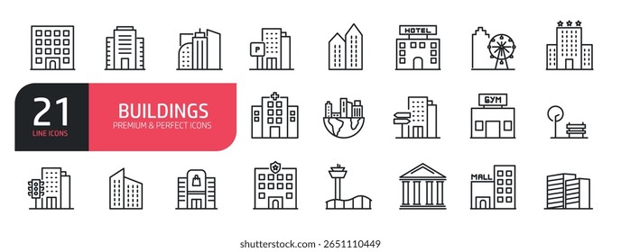 Set of line icons related to building, architecture, hotel, gym, mall. Outline icons collection. Vector illustration