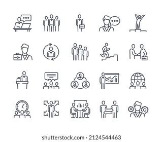 Set of Line Icons Related to Business People. Simple stickers with entrepreneurs, employees, teamwork, time management and partnership. Cartoon flat vector collection isolated on white background