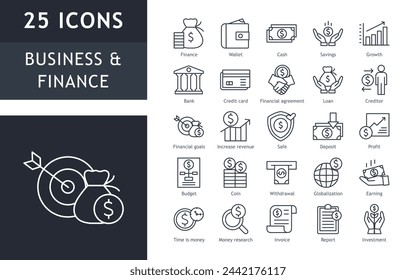 set of line icons related to business and finace, bank, loan, revenue, deposit, profit. Outline icon collection. vector illustration. 