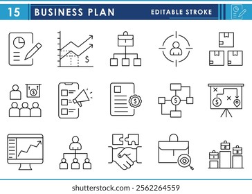 A set of line icons related to Business Plan. Invest, analyze, product, marketing, strategy, target, financial plan, business model, and so on. Vector editable stroke.