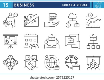 A set of line icons related to Business. Job, graph, online, meeting, hire, discuss, struggle, talk, and so on. Vector editable stroke.