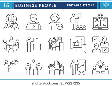 A set of line icons related to Business People. Businessman, trade, plan, unit, team, workers, and so on. Vector editable stroke.