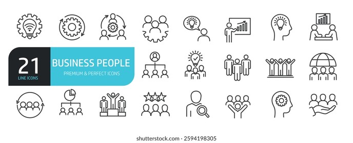 Set of line icons related business people, teamwork, employee. Outline icons collection. Vector illustration