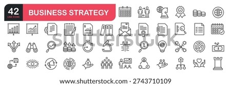 Set of line icons related to business strategy, solution,  research, analytic, teamwork, privacy, schedule. Outline icons collection. Vector illustration