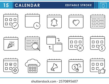 A set of line icons related to Calendar. Work, time, schedule, announce, alarm, party, notes, deadline, and so on. Vector editable stroke.