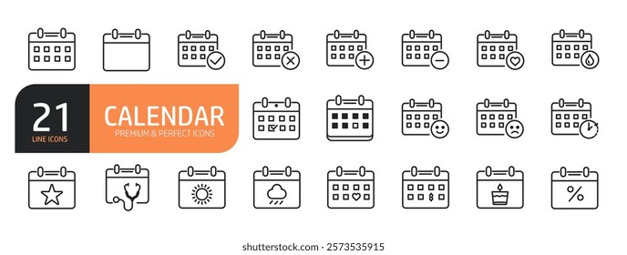 Set of line icons related to calendar, date, schedule, month, week, appointment, agenda, organization and event  and more. Outline icons collection. Vector illustration.