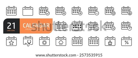 Set of line icons related to calendar, date, schedule, month, week, appointment, agenda, organization and event  and more. Outline icons collection. Vector illustration.