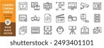 A set of line icons related to camera, cinema and video. Video, camera, record, list, old, virtual reality, movies, advertisement, projector, shooting, cctv, edit, animation, news and so on.