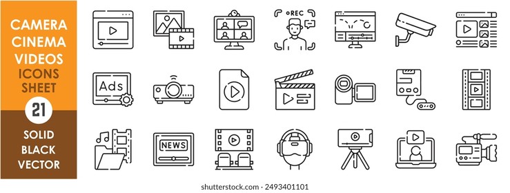 A set of line icons related to camera, cinema and video. Video, camera, record, list, old, virtual reality, movies, advertisement, projector, shooting, cctv, edit, animation, news and so on.