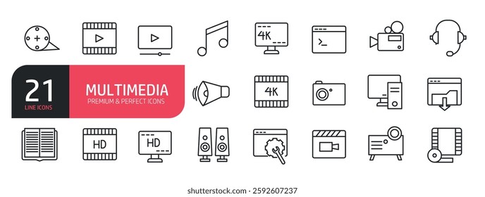 Set of line icons related to camera film, audio, video, computer.  Outline icons collection. Vector illustration
