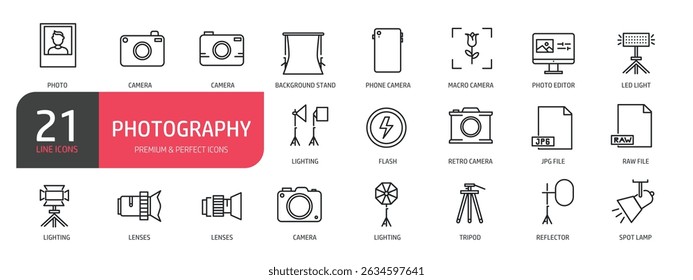 Set of line icons related to camera, lighting, reflector, spot lamp, lenses. Outline icons collection. Vector illustration.