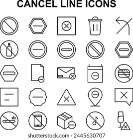 Set of Line icons related to cancel category. Contains such Icons as Refuse, Cancellation, Decline and more.