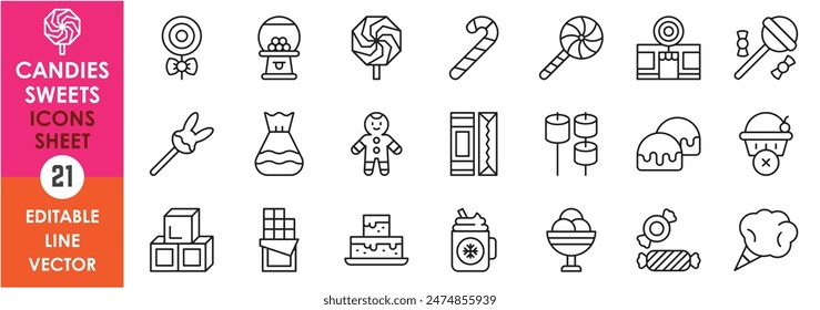 A set of line icons related to candies and sweets. Candy, love, chocolate, cotton candy, lollypop, Choco bar, and so on. Vector outline icons set.