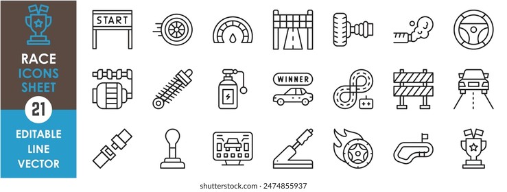 A set of line icons related to car race. Race, start, win, exhaust, track, seat belt, drift, wheels, trophy, nitro and so on. Vector outline icons set.