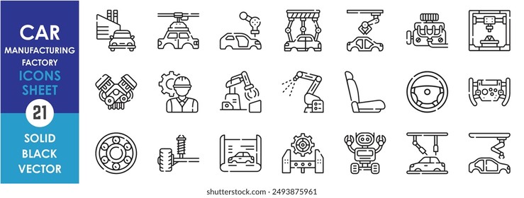 A set of line icons related to car manufacturing and factory. Car, factory, blueprint, engine, mechanic, auto, robotic, seat, steering and so on. Vector outline icons set.