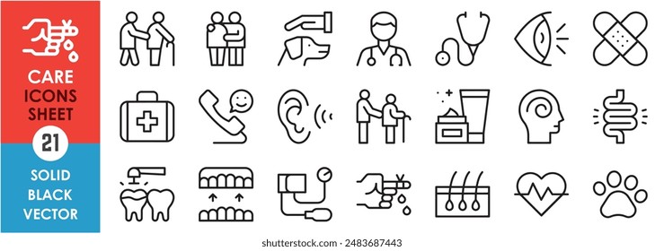 A set of line icons related to care and protection. Care, elderly, hair care, hearing problem, bandage, tooth, heart, pets, vision and so on. Vector outline icons set.