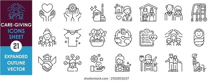 A set of line icons related to Care-giving. Care, protection, elderly, nursing, home, baby, responsibility, job, maid, clean, pet, assist, and so on. Vector outline icons set.