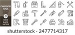A set of line icons related to carpentry tools. Carpenter, tools, saw, wrench, scale, driller, hammer, paint and so on. Vector outline icons set.