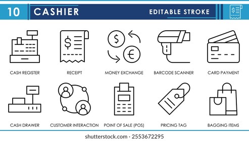 A set of line icons related to Cashier. Cash register, receipt, money exchange, card, drawer, POS, and so on. Vector editable stroke.