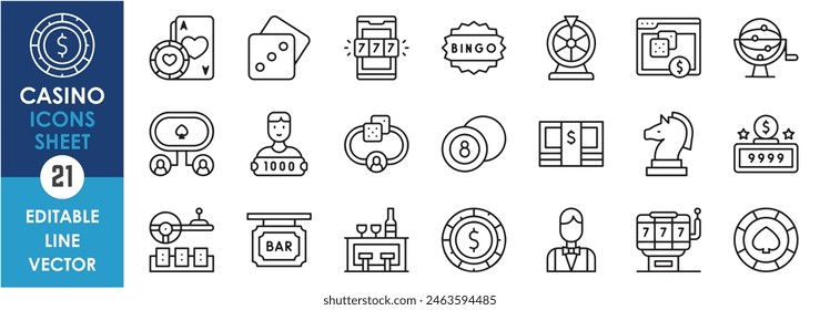 A set of line icons related to Casino. Gambling outline vector icons set. Gambling, dice, waiter, cards, and so on.