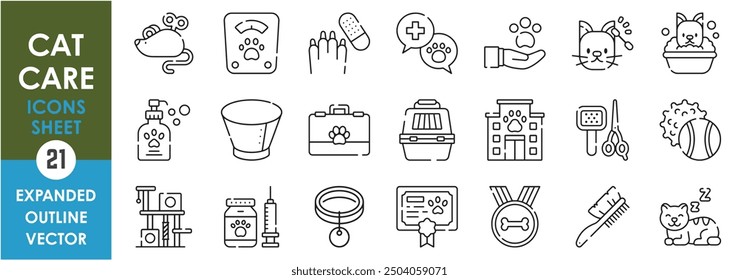 A set of line icons related to Cat Care. Pet, toys, bath, clean, box, first aid, weigh, collar, healthy, brush, certificate, vaccine, and so on. Vector outline icons set.