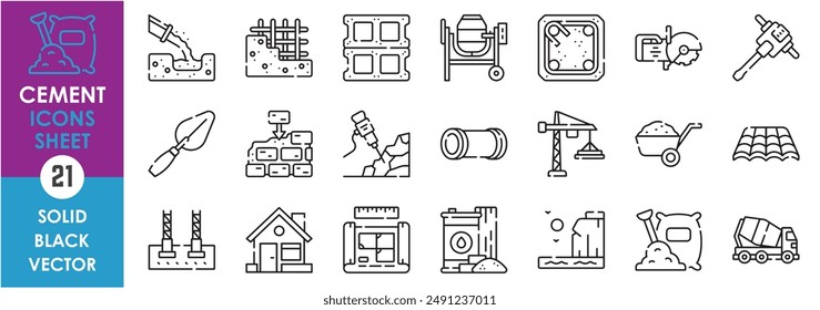 A set of line icons related to cement. Construction, concrete, mixing, jackhammer, foundation, blocks, pipes, roofing, wall, house, limestone, and so on. Vector outline icons set.