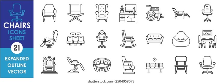 A set of line icons related to Chairs. Rocking, gaming, office, dinner, modern, saloon, gynecology, throne, cinema, waiting room, wheelchair, and so on. Vector outline icons set.