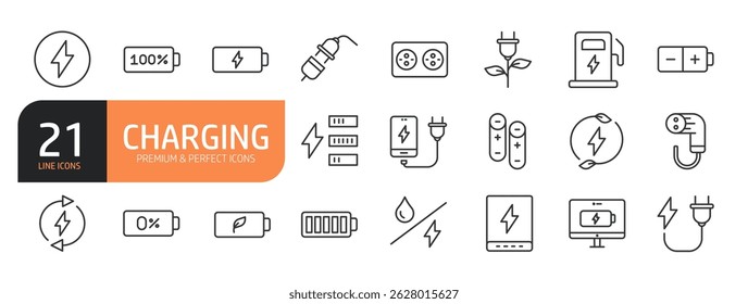 Set of line icons related to charging icon, plug and more. Outline icons collection. Vector illustration.