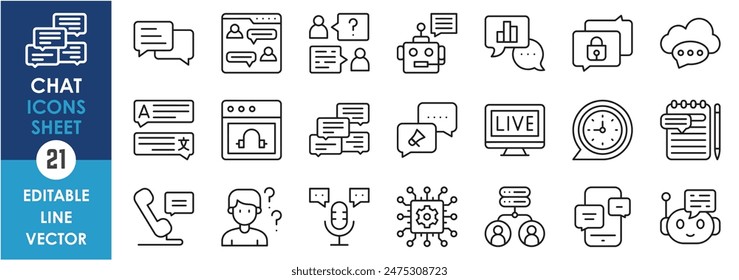 A set of line icons related to chat and talk. Chat, talk, announce, podcast, group talk, live, digital, phone, service, computer and so on. Vector outline icons set.