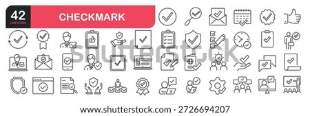 Set of line icons related to checked, approved, certified, accepted and validation. Outline icons collection. Vector illustration