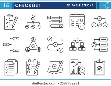 A set of line icons related to Checklist. Business, process, completed, task, flowchart, documents, and so on. Vector editable stroke.