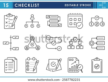 A set of line icons related to Checklist. Business, process, completed, task, flowchart, documents, and so on. Vector editable stroke.