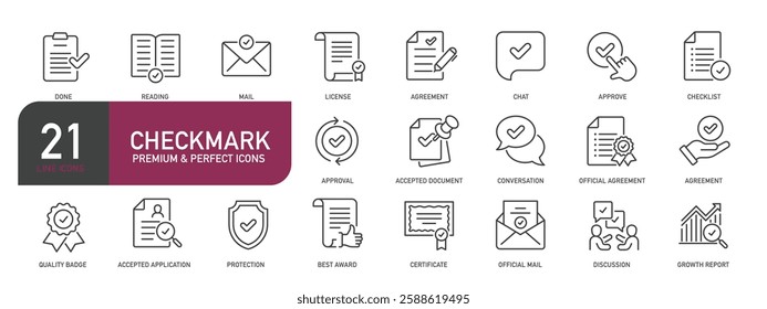 Set of line icons related to checkmark, approve, checklist, agreement. Outline icons collection. Vector illustration