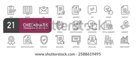 Set of line icons related to checkmark, approve, checklist, agreement. Outline icons collection. Vector illustration