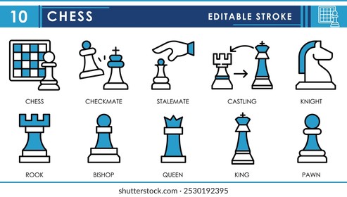 A set of line icons related to Chess. Game, chess, checkmate, stalemate, castling, knight, and so on. Vector editable stroke.