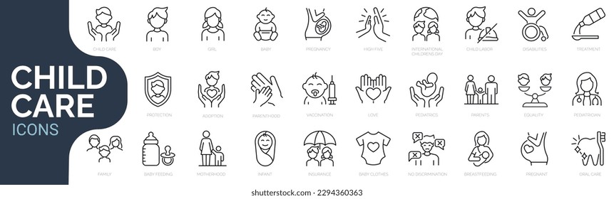 Set of line icons related to child care,   international children day, kid rights, parenthood. Outline icon collection. Editable stroke. Vector illustration