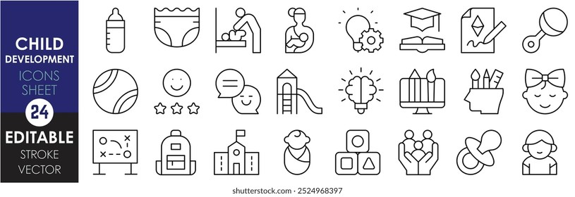 A set of line icons related to child development. Child, care, toys, books, creative, kids, study, skill, brain, kindergarten, bags, and so on. Vector editable stroke.