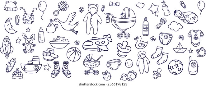 Set of line icons related to child care. Child and baby care line icon set.