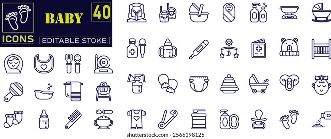 Set of line icons related to child care. Child and baby care line icon set.