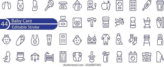 Set of line icons related to child care, international children day, kid rights, parenthood. Outline icon collection. Editable stroke. 