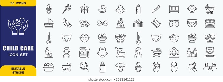 Set of line icons related to child care, international children day, kid rights, parenthood. Outline icon collection. Editable stroke. Vector illustration
