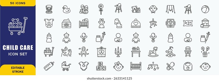 Set of line icons related to child care, international children day, kid rights, parenthood. Outline icon collection. Editable stroke. Vector illustration