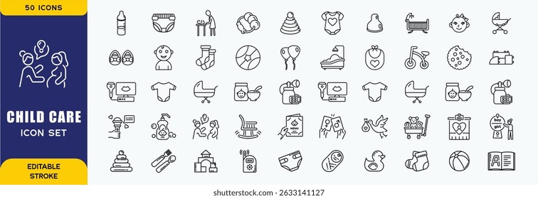 Set of line icons related to child care, international children day, kid rights, parenthood. Outline icon collection. Editable stroke. Vector illustration