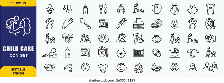 Set of line icons related to child care, international children day, kid rights, parenthood. Outline icon collection. Editable stroke. Vector illustration