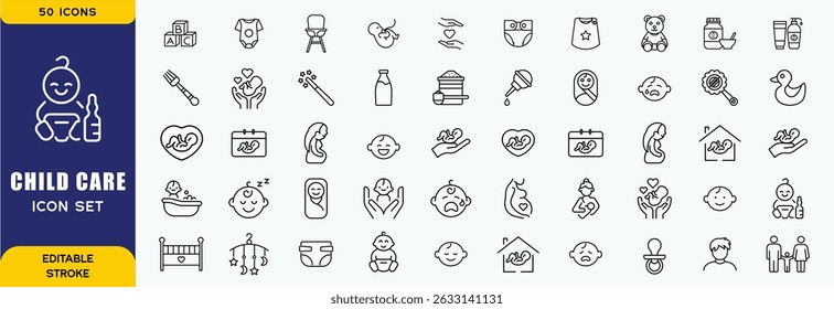 Set of line icons related to child care, international children day, kid rights, parenthood. Outline icon collection. Editable stroke. Vector illustration
